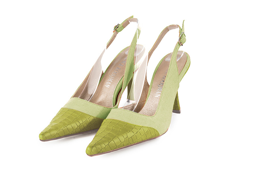 French elegance and refinement for these pistachio green dress slingback shoes, 
                available in many subtle leather and colour combinations. For fans of a quirky "Rock" style pointed toe.
To be personalized or not with your materials and colors.  
                Matching clutches for parties, ceremonies and weddings.   
                You can customize these shoes to perfectly match your tastes or needs, and have a unique model.  
                Choice of leathers, colours, knots and heels. 
                Wide range of materials and shades carefully chosen.  
                Rich collection of flat, low, mid and high heels.  
                Small and large shoe sizes - Florence KOOIJMAN